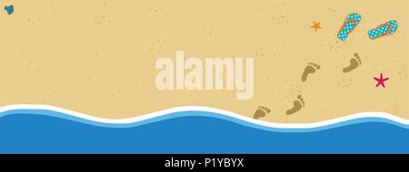 Sommer Urlaub Vektor banner Grenze Rahmen mit Paar Flip Flops und menschlichen barfuß Fuß druckt auf Sand aus Wasser. Sandige Küste mit foo Stock Vektor