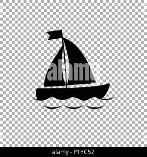Vektor schwarze Silhouette Abbildung: Segelschiff Transport schwimmend auf Wellen des Meeres. Yacht Boot Symbol auf transparentem Hintergrund isoliert. Stock Vektor