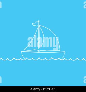 Vektor weiße Kontur outline silhouette Abbildung: Segelschiff Transport schwimmend auf Wellen des Meeres. Yacht Boot Symbol auf blauem Hintergrund isoliert Stock Vektor