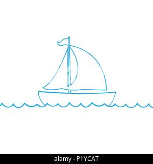 Vektor blaue Kontur outline silhouette Abbildung: Segelschiff Transport schwimmend auf Wellen des Meeres. Yacht Boot Symbol auf weißem Hintergrund Stock Vektor