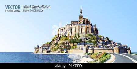 Mont Saint Michel Kathedrale auf der Insel. Abtei. Normandie, Nordfrankreich, Europa. Landschaft. Schönen Panoramablick. Vector Illustration. Stock Vektor