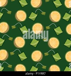 Tee Teebeutel und Scheiben Zitrone grüner Hintergrund design Vector Illustration Stock Vektor