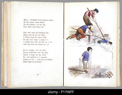 . Een Nieuw aardig prentenboek als vervolg op het beroemde Hoogduitsche kinderwerk 'Der Struwwelpeter' voor Nederlandsche jongens en meisjes bewerkt/Tür W.P. Razoux. Heruitgave met Gezellige nieuwe illustraties Sterben met de Hand zijn ingekleurd. //Heruitgave 20 S., 16 Bl.pl: handgekl. lith//Datering: Nicht in Rühle: Böse Kinder, schatting van Theo Gielen // Twee verhalen (de vliegende Robert en Hans Kijk-in-de-Lucht) komen Uit De2e Duitse Graphics uit 1858 van Der Struwwelpeter Heinrich Hoffmann, van de andere verhalen uit "Der Grüne Bub" // De keerzijde van de illustraties ist onbedrukt//B Stockfoto