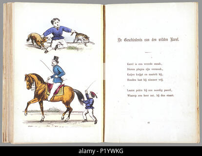 . Een Nieuw aardig prentenboek als vervolg op het beroemde Hoogduitsche kinderwerk 'Der Struwwelpeter' voor Nederlandsche jongens en meisjes bewerkt/Tür W.P. Razoux. Heruitgave met Gezellige nieuwe illustraties Sterben met de Hand zijn ingekleurd. //Heruitgave 20 S., 16 Bl.pl: handgekl. lith//Datering: Nicht in Rühle: Böse Kinder, schatting van Theo Gielen // Twee verhalen (de vliegende Robert en Hans Kijk-in-de-Lucht) komen Uit De2e Duitse Graphics uit 1858 van Der Struwwelpeter Heinrich Hoffmann, van de andere verhalen uit "Der Grüne Bub" // De keerzijde van de illustraties ist onbedrukt//B Stockfoto
