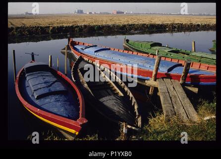 Parque Natural de La Albufera Park; Boote und Reis fiels in Catarroja Port. Stockfoto