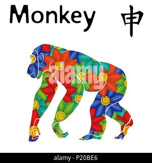 Chinesische Sternzeichen Affe, Symbol für das Neue Jahr auf dem Östlichen Kalender, Hand gezeichnet Vektor Schablone mit bunten Blumen auf weißem Hintergrund Stock Vektor