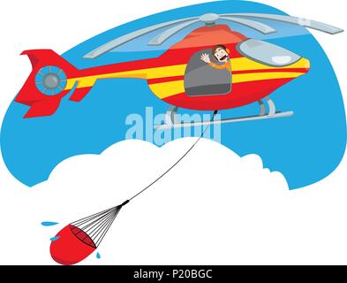 Ein Vektor Cartoon, eine lustige und freundliche Hubschrauberpilot, Fliegen und einen Eimer voller Wasser, um einen Brand zu löschen Stock Vektor