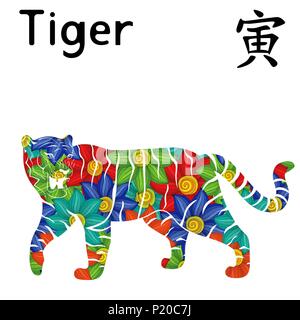 Chinesisches Sternzeichen Tiger, Symbol für das Neue Jahr auf dem Östlichen Kalender, Hand gezeichnet Vektor Schablone mit bunten Blumen auf weißem Hintergrund Stock Vektor