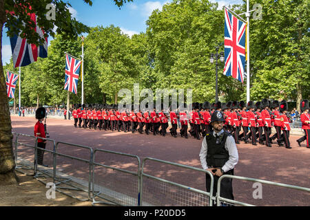 Ein Polizeibüro beobachtet die Menge, während Coldstream Guards an der Trooping of the Color oder der Queen's Birthday Parade, London, UK, entlang der Mall marschieren Stockfoto