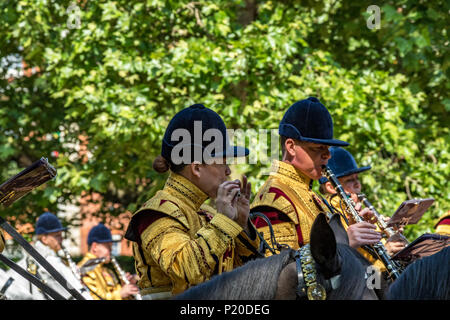 Musiker der Band of the Household Cavalry zu Pferd, im Trooping the Color in der Mall, London, Großbritannien Stockfoto