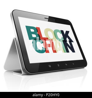 Konzept: Tablet Computer mit Blockchain auf Anzeige Stockfoto
