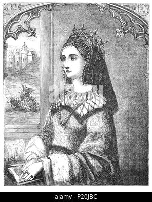 Margaret von Anjou (1430-1482) war die Königin von England durch die Ehe mit König Heinrich VI. von 1445 bis 1461 und erneut von 1470 bis 1471. Sie war eine wichtige Figur in die Kriege der Rosen und von Zeit zu Zeit führte persönlich die Lancastrian Fraktion. Aufgrund der häufigen Kämpfe des Ehemannes der Geisteskrankheit, Margaret regierte das Königreich und sie war es, die für eine große Rat 1455, ausgenommen der Yorkist Fraktion von Richard von York vorangegangen, 3. Herzog von York, der Funke, der ein Bürgerkrieg, die für mehr als 30 Jahre dauerte, in Brand gesetzt. Nach der Niederlage in Tewkesbury in Frankreich lebte und starb dort 1482. Stockfoto