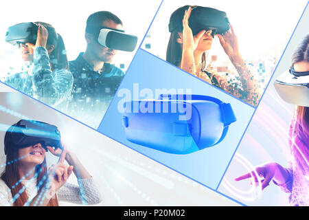 Collage Menschen in der virtuellen Realität Gläser und VR-Brille. Die Technologie der Gegenwart und Zukunft. Stockfoto