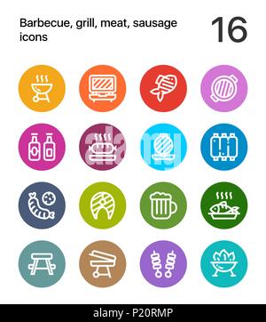 Bunte Grill, Grillen, Fleisch, Wurst Symbole für Web und mobile Design Pack 2 Stock Vektor
