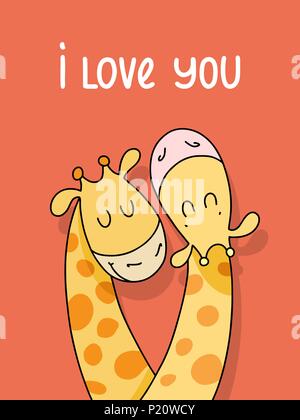 Paar von zwei niedlichen Giraffen auf rotem Hintergrund isoliert. Ich liebe Dich vector Cartoon Illustration Poster Stock Vektor