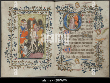 . Buch der Stunden vom Meister des Zweder van Culemborg - KB 79 K 2-Folios 076 V (links) und 077 r (rechts). Linken seite Folio 076 v und rechten Seite Folio 077 r aus dem Buch von Stunden durch Master (s) von Zweder van Culemborg Illuminationen auf der linken Folio 076 v Die ganzseitige Miniatur zeigt die Qualen Christi: Christus ist Flagellated Geißelung von Soldaten, Christus in der Regel um eine Spalte (Matthäus 27:26; Markus 15, 15; Johannes 19:1) (73D351) Illuminationen auf der rechten Folio 077 r Die Historisierte Initiale zeigt die Qualen Christi: Christus ist mit Dornen gekrönt; römische Skript Skripte auf. Stockfoto