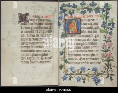 . Buch der Stunden vom Meister des Zweder van Culemborg - KB 79 K 2-Folios 128v (links) und 129 r (rechts). Linken seite Folio 128 v und rechten Seite Folio 129 r aus dem Buch von Stunden durch Master (s) von Zweder van Culemborg Illuminationen auf der rechten Folio 129 r Die Historisierte Initiale zeigt heidnischen Soldaten. zwischen ca. 1430 und ca. 1435 33 Buch der Stunden vom Meister des Zweder van Culemborg - KB 79 K 2-Folios 128v (links) und 129 r (rechts) Stockfoto