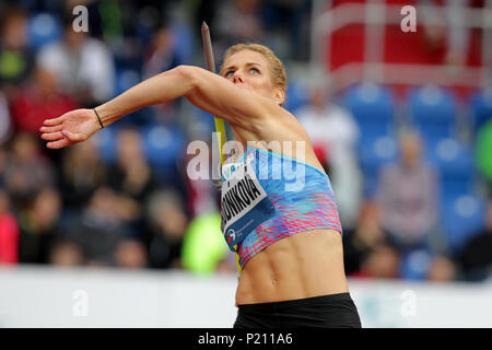 Ostrava, Tschechische Republik. 13. Juni, 2018. Speerwerfer Nikola Orgonikova (CZE) konkurriert auf der 57 Golden Spike, ein IAAF World Challenge athletische Treffen in Ostrava, Tschechische Republik, am 13. Juni 2018. Credit: Petr Sznapka/CTK Photo/Alamy leben Nachrichten Stockfoto