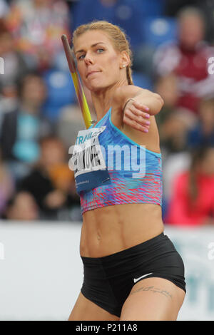 Ostrava, Tschechische Republik. 13. Juni, 2018. Speerwerfer Nikola Orgonikova (CZE) konkurriert auf der 57 Golden Spike, ein IAAF World Challenge athletische Treffen in Ostrava, Tschechische Republik, am 13. Juni 2018. Credit: Petr Sznapka/CTK Photo/Alamy leben Nachrichten Stockfoto