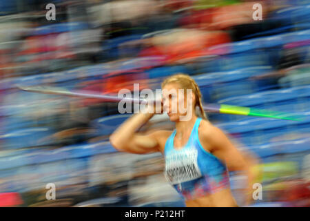 Ostrava, Tschechische Republik. 13. Juni, 2018. Nikola Orgonikova der Tschechischen Republik während der speerwurf Frauen bei der IAAF World Challenge Golden Spike in Ostrava in der Tschechischen Republik werfen. Credit: Slavek Ruta/ZUMA Draht/Alamy leben Nachrichten Stockfoto