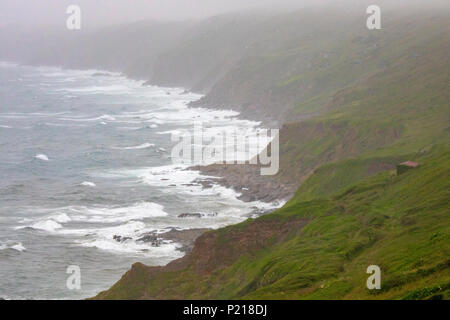 Rame Halbinsel, Cornwall, England, 14. Juni 2018. UK Wetter - das Met Office benannte Sturm, Sturm Hector stürzt in Großbritannien ungewöhnlich für diese Zeit des Jahres mit Windstärken von bis zu 70 mph. Sturm Hector stürzt in Cornwall mit starkem Wind und Gezeiten entlang der kornischen Küste bei Whitsand Bay, Cornwall Stockfoto