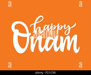 Happy Onam-vector Hand gezeichnet Brush Stift beschriften. Weißer Text auf orangem Hintergrund. Hochwertige Kalligraphie für Einladung, Print, Plakat. Celebrati Stock Vektor