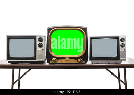 Vintage Fernseher auf Weiß mit Chroma Key Green Screen isoliert und Freistellungspfaden. Stockfoto