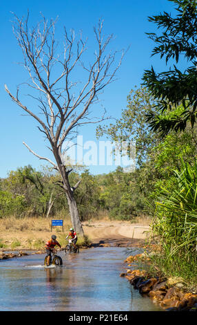 Gibb Herausforderung 2018 zwei Radfahrer auf einem fatbike und ein Mountainbike den Pentecost River Crossing am El Questro Station Kimberley Australien Stockfoto