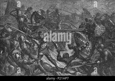 . Gravieren von Edward IV extolls seine Truppen ihre lancastrian Feinde zu kämpfen in der Schlacht von Towton (29. März 1461). Dieses wurde zuerst veröffentlicht in: Grant, James (1880) [1878] "Kapitel XVI' in der britischen Schlachten auf Land und Meer, Band 1, London, Paris und New York: Cassell Petter und Galpin, s. S. 91, abgerufen am 25. November 2010. . Ca. 1878. Auf der Grundlage der Unterschriften, die von Charles Oliver Murray (1842 - 1923) [1] nach John quartley (fl eingraviert. 1835 - 67) [2] 158 John quartley die Schlacht von Towton Stockfoto