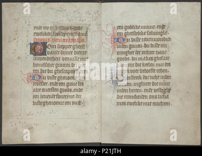 . Buch der Stunden vom Meister des Zweder van Culemborg - KB 79 K 2-Folios 013 V (links) und 014 r (rechts). Linken seite Folio 013 v und rechten Seite Folio 014 r aus dem Buch von Stunden durch Master (s) von Zweder van Culemborg. zwischen ca. 1430 und ca. 1435 32 Buch der Stunden vom Meister des Zweder van Culemborg - KB 79 K 2-Folios 013 V (links) und 014 r (rechts) Stockfoto