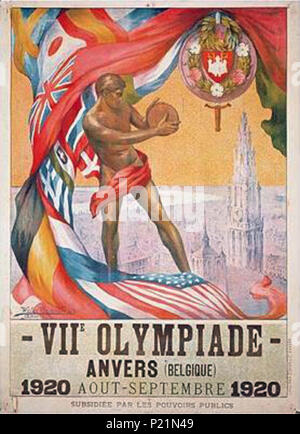 . Englisch: Poster der 1920 olympischen Spiele. Gedruckt in 90 000 Exemplare in 17 Sprachen plus Französisch / Flämisches Armutsdekret zweisprachige Versionen.[1]. 1914 (Die Olymique Ausschuss wieder verwendet die Abdeckung einer Broschüre von 1914, finden Sie im offiziellen Bericht über die Olympischen Spiele von 1920 in Anvers.). Walter Van Der Ven (1884-1923) 2 1920 Olympics Poster Stockfoto