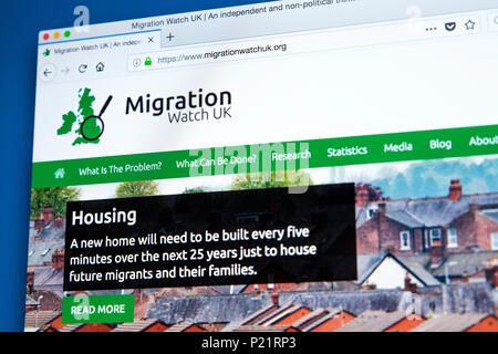 LONDON, UK, 22. Februar 2018: Die Homepage der offiziellen Website für MigrationWatch UK - eine Einwanderung und Asyl Organisation und Think Tank, o Stockfoto