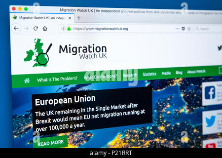 LONDON, UK, 22. Februar 2018: Die Homepage der offiziellen Website für MigrationWatch UK - eine Einwanderung und Asyl Organisation und Think Tank, o Stockfoto