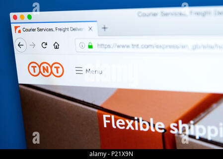 LONDON, UK, 10. Februar 2018: Die Homepage der offiziellen Website für TNT - die Lieferung per Kurier Unternehmen, am 10. Februar 2018. Stockfoto