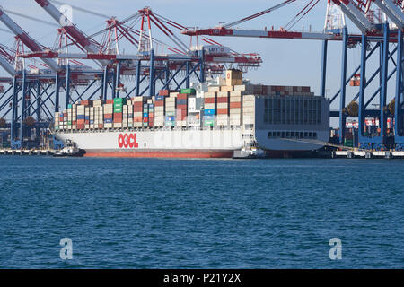 Containerschiff, OOCL LONDON, über den langen Strand Container Terminal zu fahren. Schlepper warten nach Vorn und Hinten. Hafen von Long Beach, Kalifornien, USA. Stockfoto