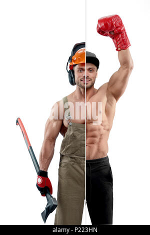 Foto Vergleich der Boxer und Holzfäller berufen. Boxer Boxer Handschuhe tragen und Sport Hose. Woodcutter tragen Uniform, Schutzhelm und halten eine Axt. In athletischen Körper, lächelnd. Stockfoto