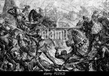 . Gravieren von Edward IV extolls seine Truppen ihre lancastrian Feinde zu kämpfen in der Schlacht von Towton (29. März 1461). Dieses wurde zuerst veröffentlicht in: Grant, James (1880) [1878] "Kapitel XVI' in der britischen Schlachten auf Land und Meer, Band 1, London, Paris und New York: Cassell Petter und Galpin, s. S. 91, abgerufen am 25. November 2010. . Ca. 1878. Auf der Grundlage der Unterschriften (siehe Datei: John quartley die Schlacht von Towton.jpg), von Charles Oliver Murray (1842 - 1923) [1] nach John quartley (fl eingraviert. 1835 - 67) [2] 304 die Schlacht von Towton von John quartley Stockfoto