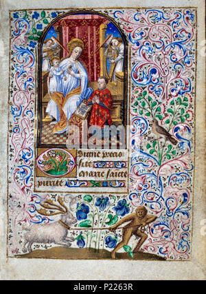 . Folio 001r aus dem Buch von Simon de Varie-KB 74 G 37. Folio 001r aus dem Buch von Simon de Varie-KB 74 G 37 Miniatur auf der Folio 001 r Madonna - Maria thront, das Christuskind, mit Simon de Varie kniete vor ihr. 1455 33 Buch von Simon de Varie-KB 74 G 37-Folio 001 r Stockfoto