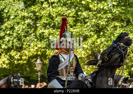 Ein Soldat des Blues & Royals Regiments kämpft beim Trooping of the Color in der Mall in London, Großbritannien, um sein Pferd zu kontrollieren Stockfoto