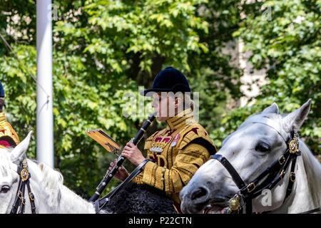 Eine Klarinettistin der Band of the Household Cavalry zu Pferd, im Trooping the Color in der Mall, London, Großbritannien Stockfoto