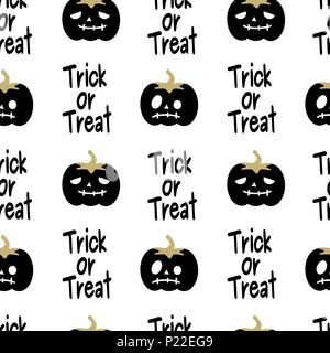 Cute schwarz weiß und gold Halloween nahtlose Vektor Muster Hintergrund Abbildung mit Kürbissen und Trick oder Phrase behandeln Stock Vektor