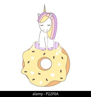 Cute Vector cartoon schönes Einhorn sitzen auf einem großen Donut Stock Vektor