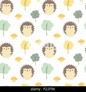 Cute Herbst Herbst nahtlose Vektor Muster Hintergrund Abbildung mit Igel, Bäume und Pilze Stock Vektor