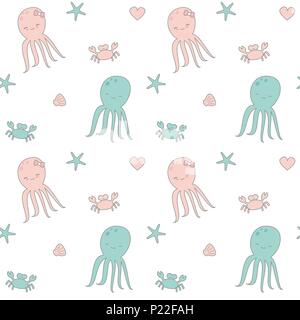 Cute cartoon nahtlose Vektor Muster Hintergrund Abbildung mit Oktopus, Shell, Herz, Krabben und Seestern Stock Vektor