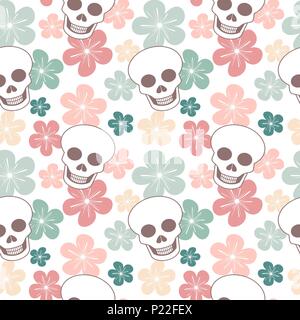Süße bunte nahtlose Vektor Muster Hintergrund Abbildung mit Schädeln und Blumen Stock Vektor