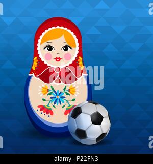 Russische Puppe Plakat für Russland Sport Event. Traditionelle matrioska Frau Souvenir mit Fußball auf blaue Farbe Hintergrund. EPS 10 Vektor. Stock Vektor