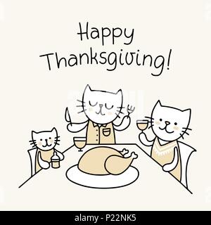 Thanksgiving Day Poster mit Familie lustige Katzen um den Tisch sitzen und das Essen der Türkei. Flache vektor Tier Abbildung Stock Vektor