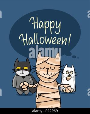 Drei Katzen feiert Happy Halloween Tag in die Nacht. Lustige cartoon Flachbild vektor Tier Abbildung Stock Vektor