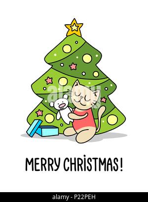 Baby kitty neben Weihnachtsbaum mit Weihnachtsgeschenk. Frohe Weihnachten und guten Rutsch ins Neue Jahr flachbild Vector Illustration Poster Stock Vektor