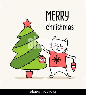 Lustige weiße Katze neben dem Weihnachtsbaum. Frohe Weihnachten und guten Rutsch ins Neue Jahr flachbild Vector Illustration Poster Stock Vektor